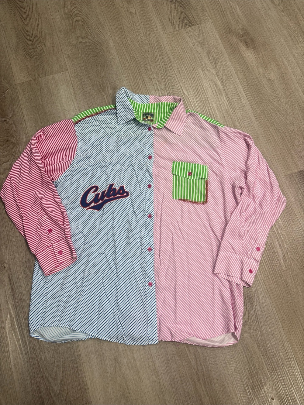 Cooperstown Chicago Cubs MLB Striped Colorblock Button Down Shirt Pink Green XL